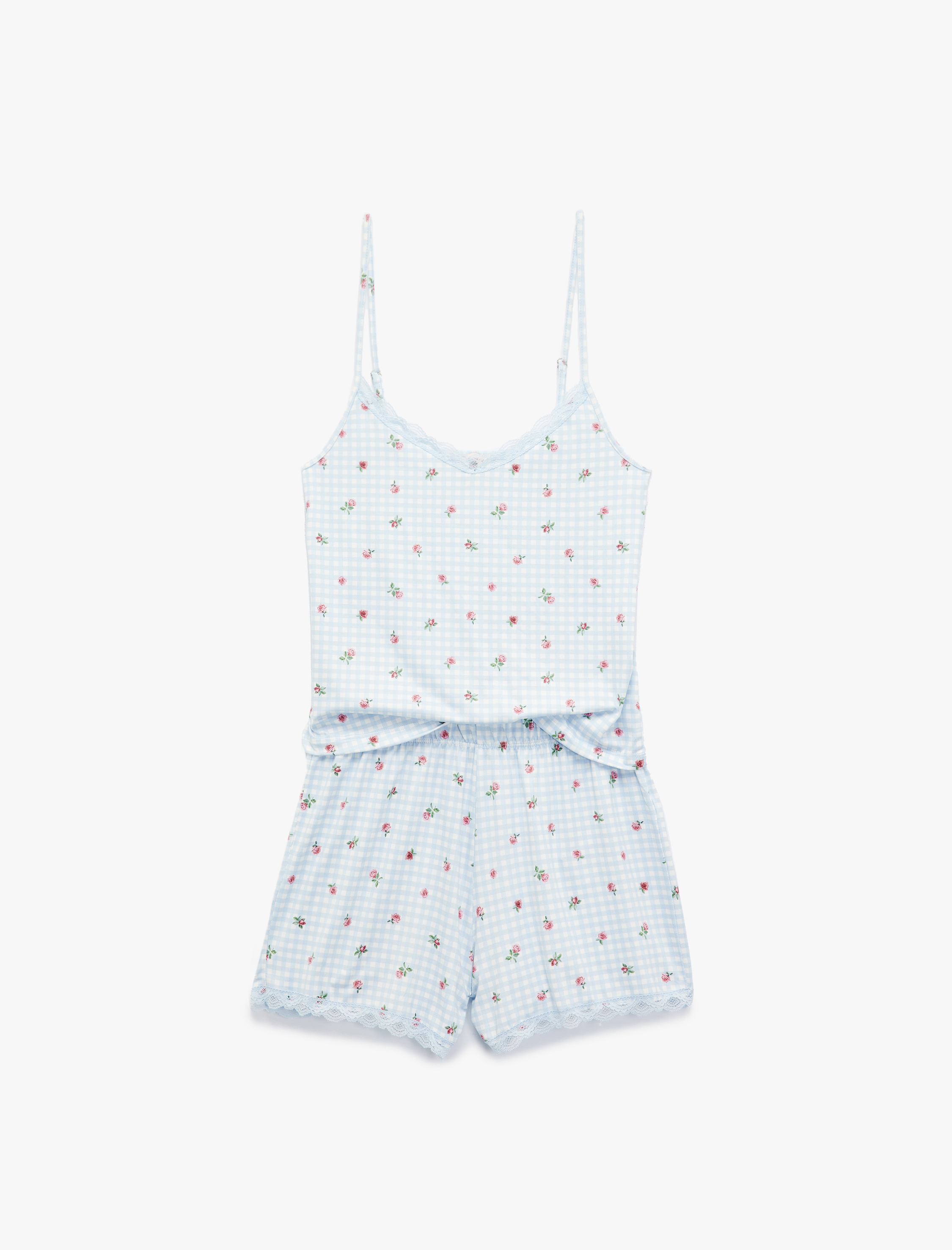   Dantelli Askılı Pötikareli Çiçekli Şortlu Pijama Takımı