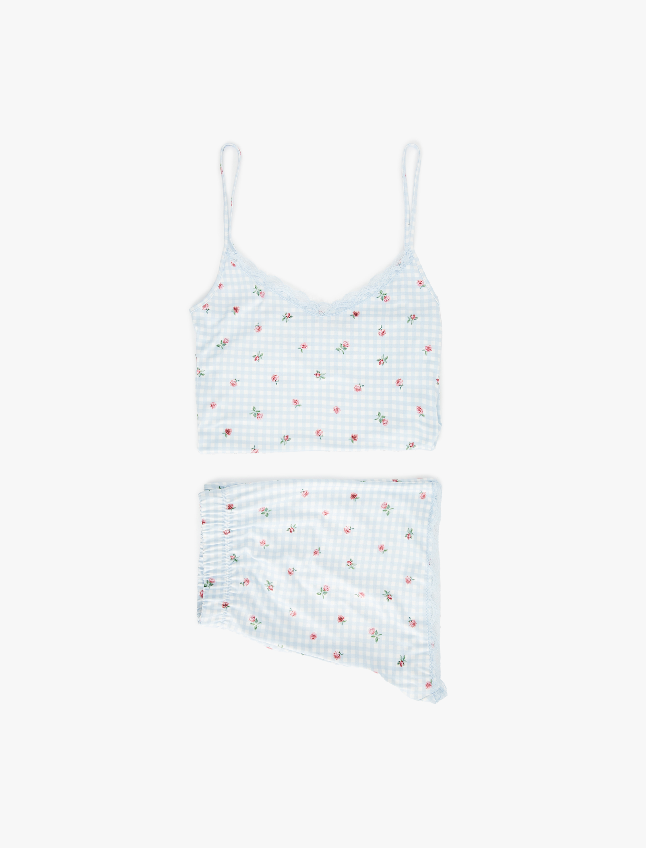   Dantelli Askılı Pötikareli Çiçekli Şortlu Pijama Takımı