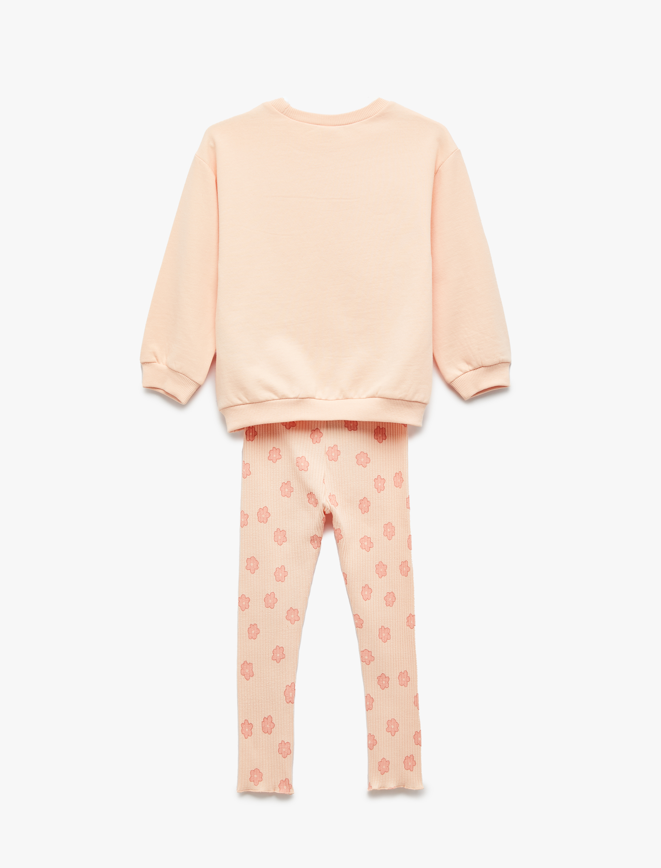  Kız Bebek Pamuklu Bisiklet Yaka Uzun Kollu Sweatshirt ve Ribanalı Çiçek Baskılı Tayt Seti