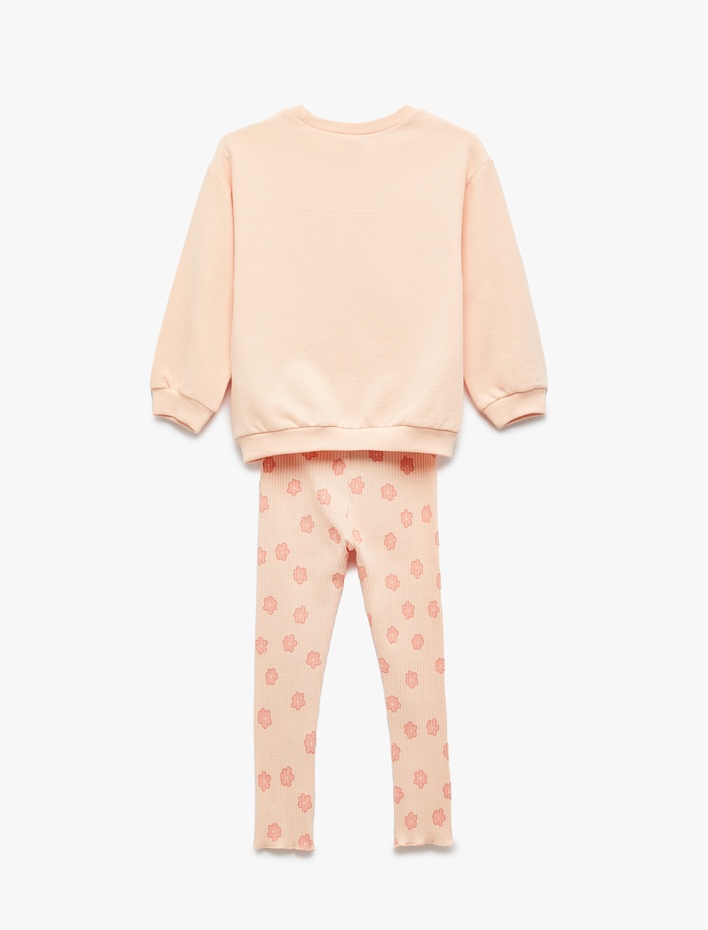Kız Bebek Pamuklu Bisiklet Yaka Uzun Kollu Sweatshirt ve Ribanalı Çiçek Baskılı Tayt Seti