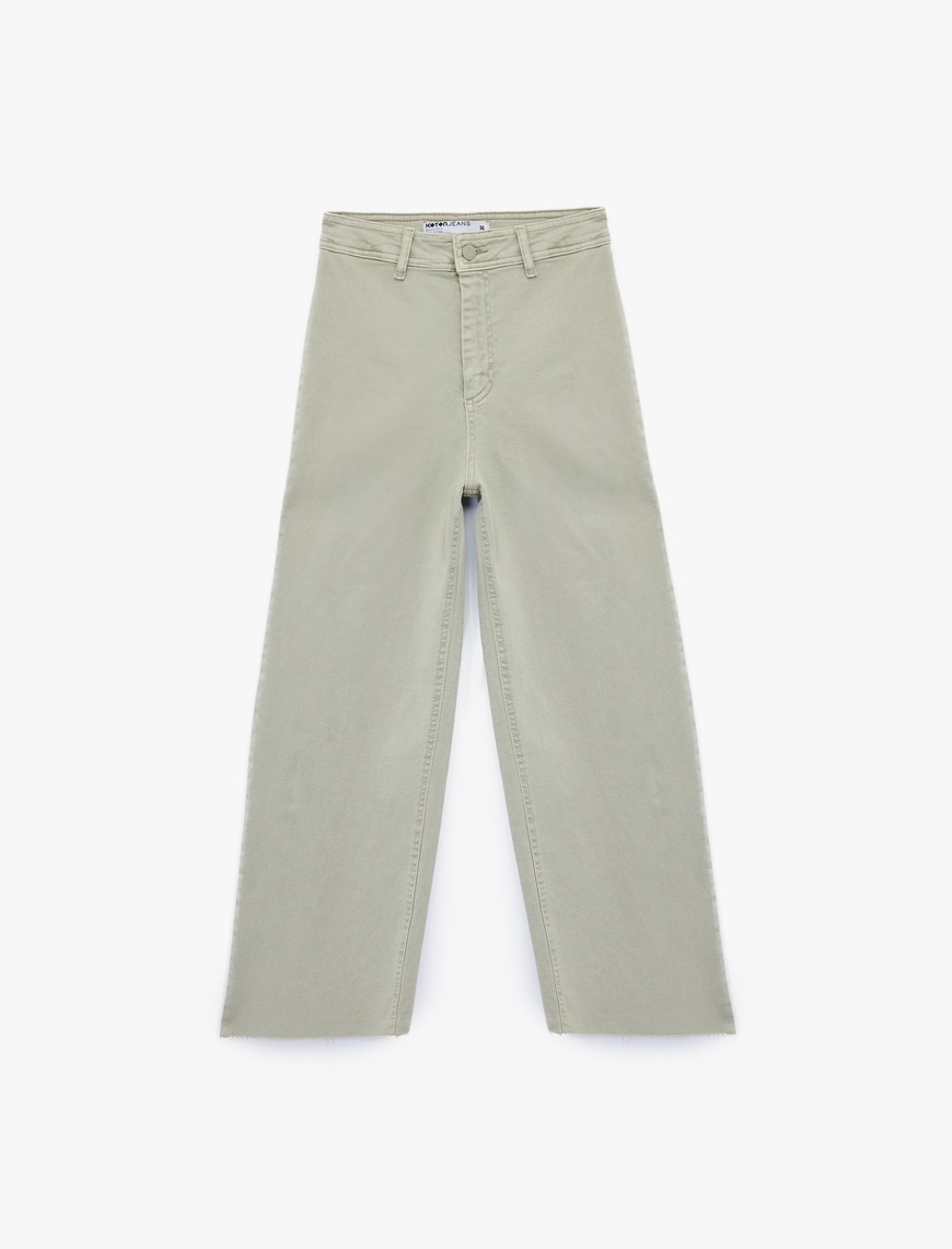   Yüksek Bel Düğmeli Cepli Rahat Kalıp Geniş Paça Denim Pantolon - Culotte Jeans