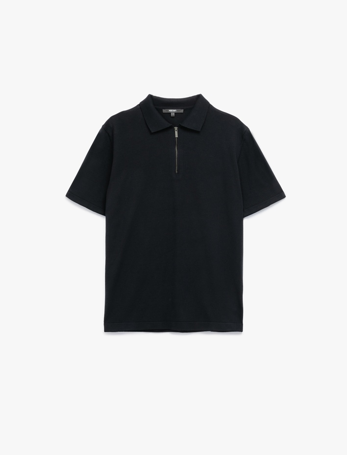  Viskon Regular Fit Polo Yaka Yarım Fermuarlı Kısa Kollu Triko Tişört