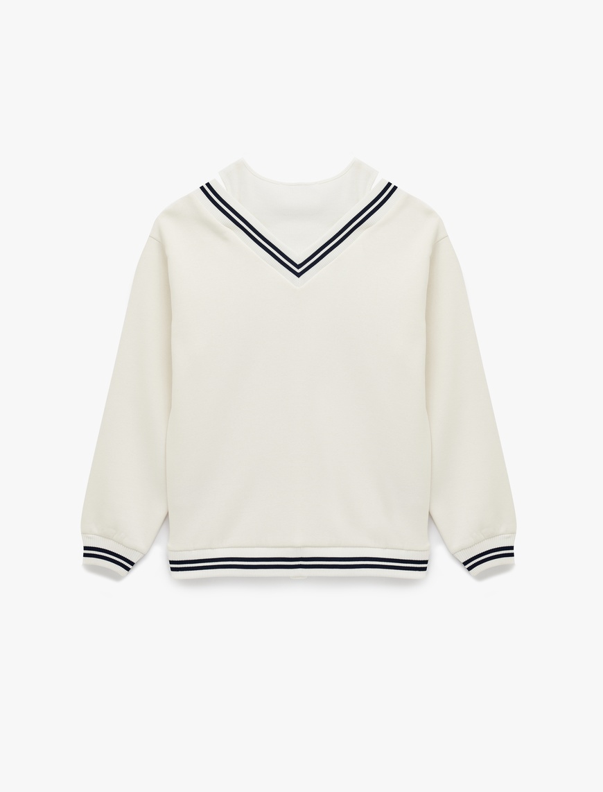   Çizgi Detaylı Uzun Kollu Çift Yaka Rahat Kalıp Sweatshirt