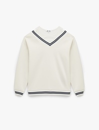 Çizgi Detaylı Uzun Kollu Çift Yaka Rahat Kalıp Sweatshirt