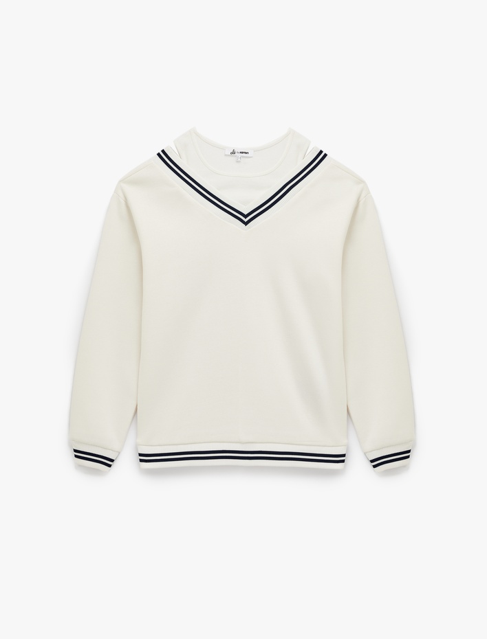  Çizgi Detaylı Uzun Kollu Çift Yaka Rahat Kalıp Sweatshirt