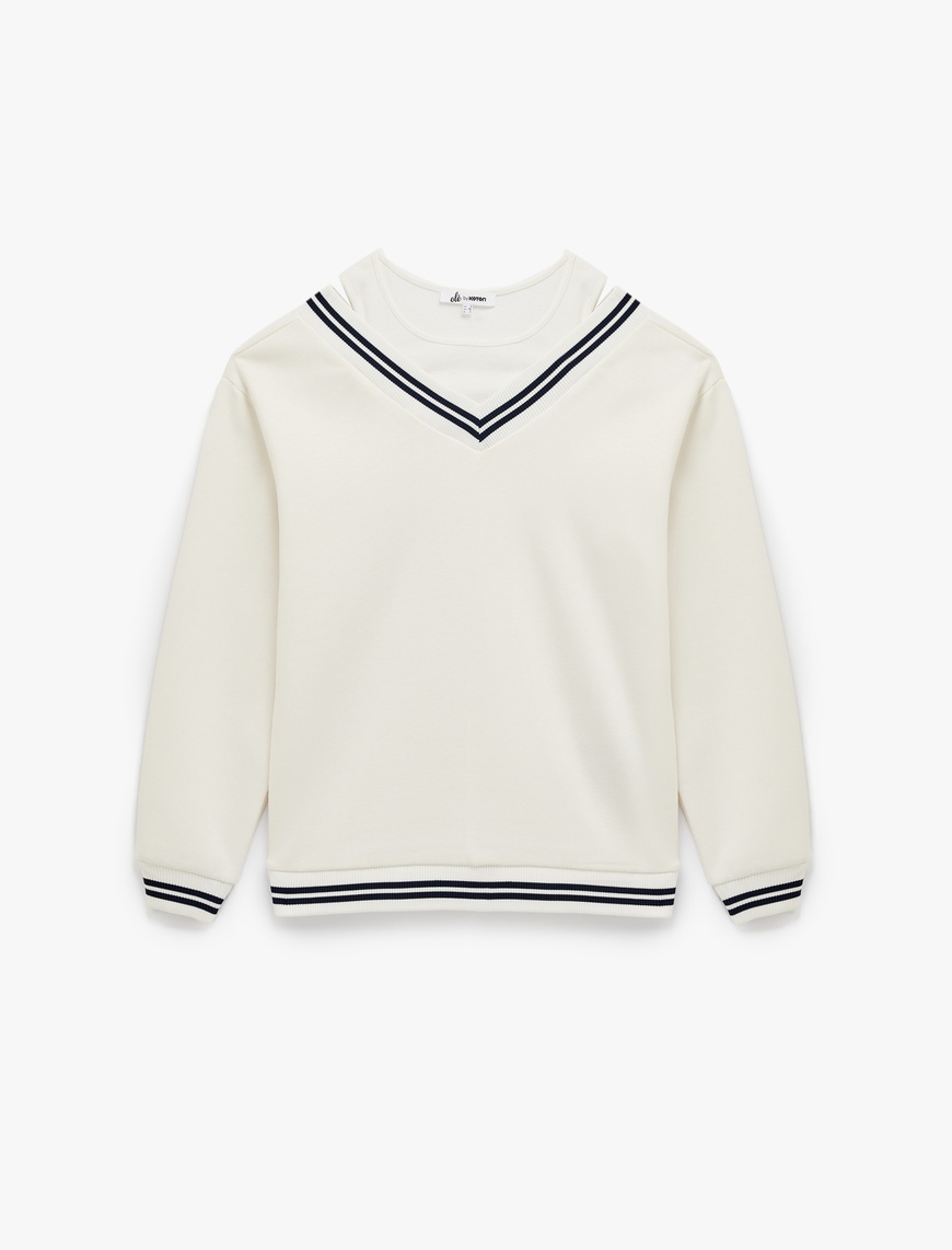  Çizgi Detaylı Uzun Kollu Çift Yaka Rahat Kalıp Sweatshirt