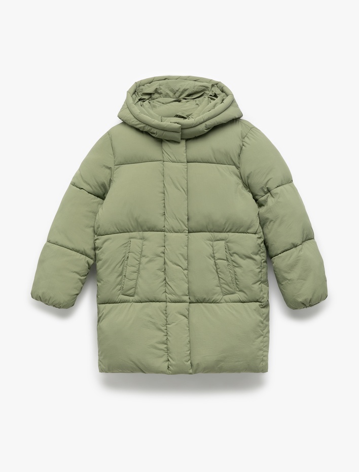 Kız Çocuk Kapşonlu Uzun Kollu Cepli Kapitone Mont