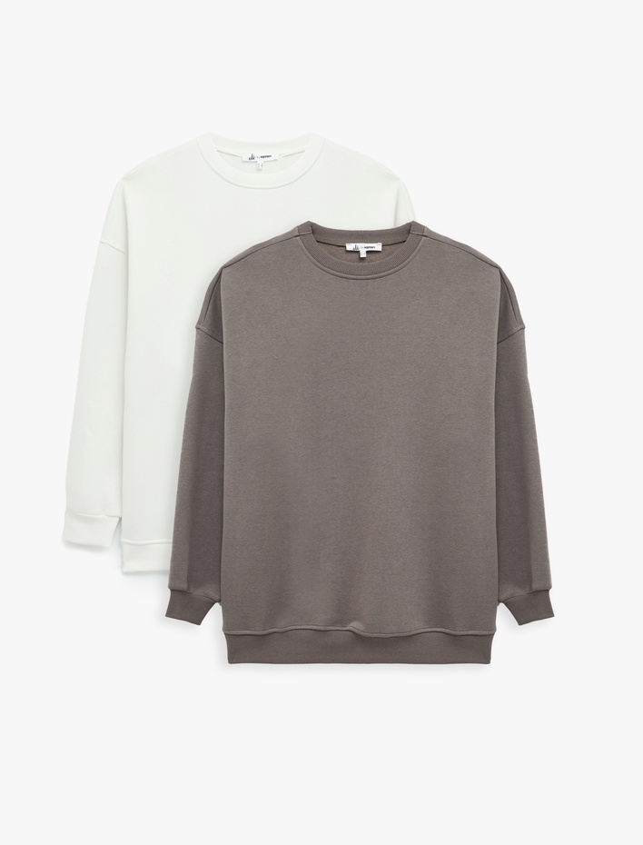  Rahat Kalıp Uzun Kollu Bisiklet Yaka Pamuklu Basic 2'li Sweatshirt Seti