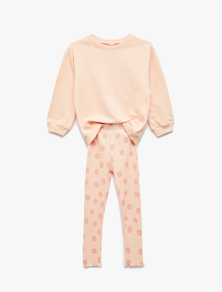  Kız Bebek Pamuklu Bisiklet Yaka Uzun Kollu Sweatshirt ve Ribanalı Çiçek Baskılı Tayt Seti