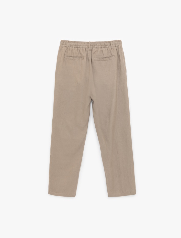  Beli Bağcıklı Düğmeli Keten Pantolon