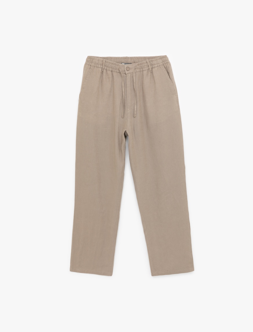   Beli Bağcıklı Düğmeli Keten Pantolon