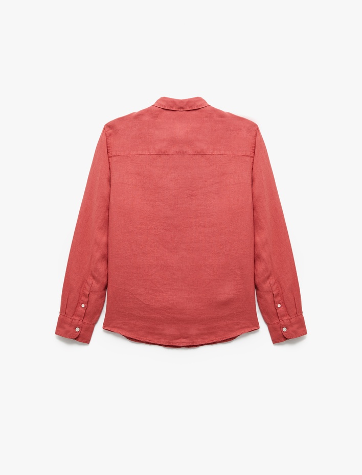  Regular Fit Düğmeli Klasik Yaka Uzun Kollu Keten Gömlek