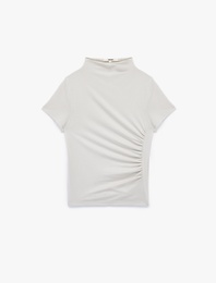 Slim Fit Büzgülü Kısa Kollu Dik Yaka Bluz
