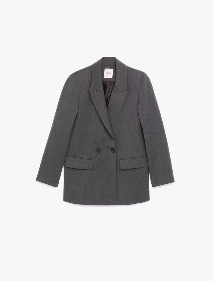  Uzun Kollu Viskon Karışımlı Kruvaze Yaka Oversize Blazer Ceket