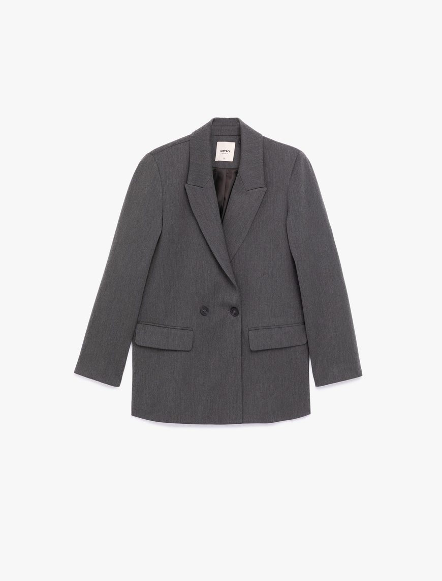   Uzun Kollu Viskon Karışımlı Kruvaze Yaka Oversize Blazer Ceket