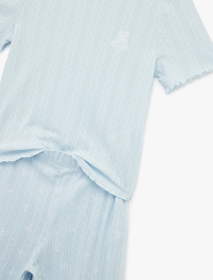   Rahat Kalıp Kısa Kollu Bisiklet Yaka Dokulu Pamuklu Örme Pijama Takımı