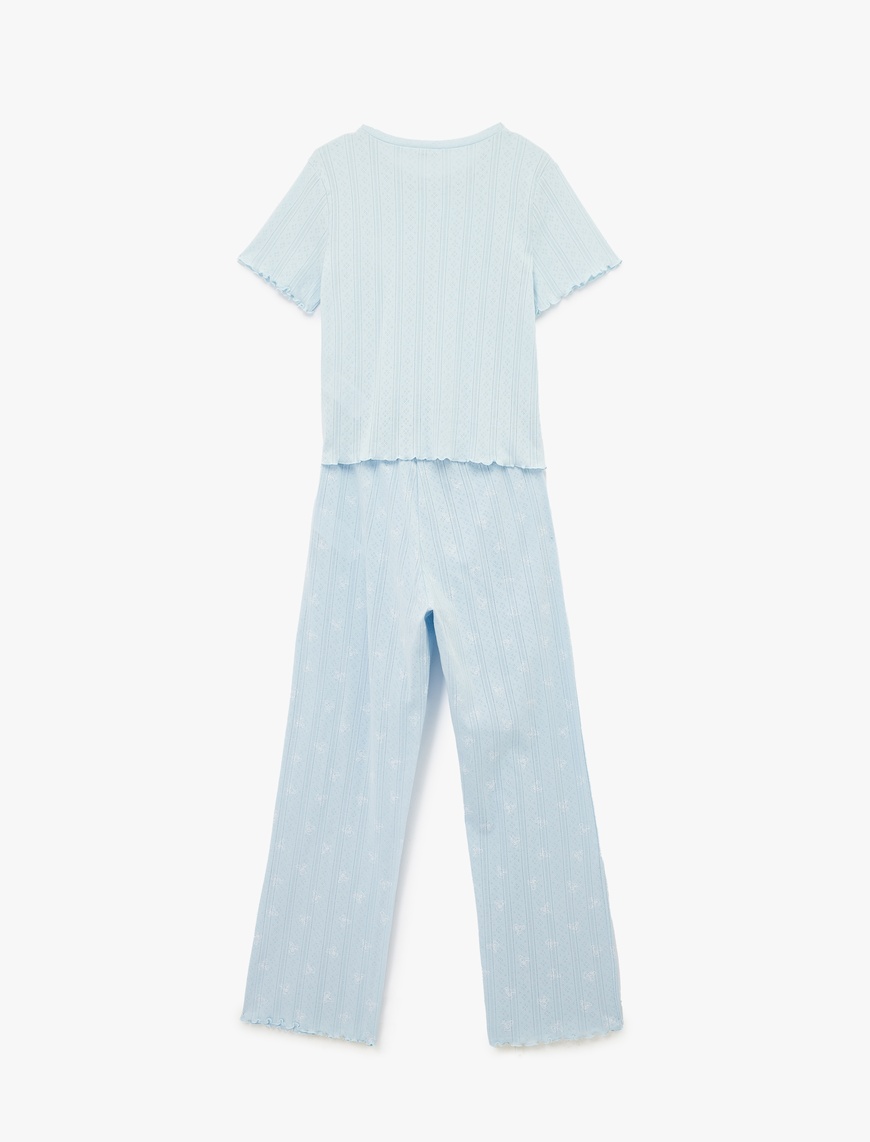   Rahat Kalıp Kısa Kollu Bisiklet Yaka Dokulu Pamuklu Örme Pijama Takımı