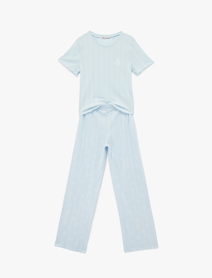  Rahat Kalıp Kısa Kollu Bisiklet Yaka Dokulu Pamuklu Örme Pijama Takımı