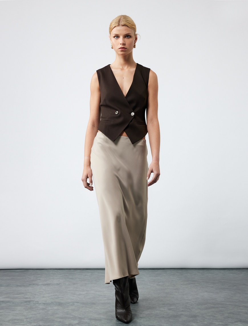   Regular Fit Midi Boy Saten Kloş Etek