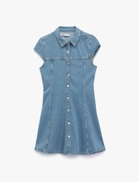 Kısa Kollu Düğmeli Gömlek Yaka Mini Denim Elbise