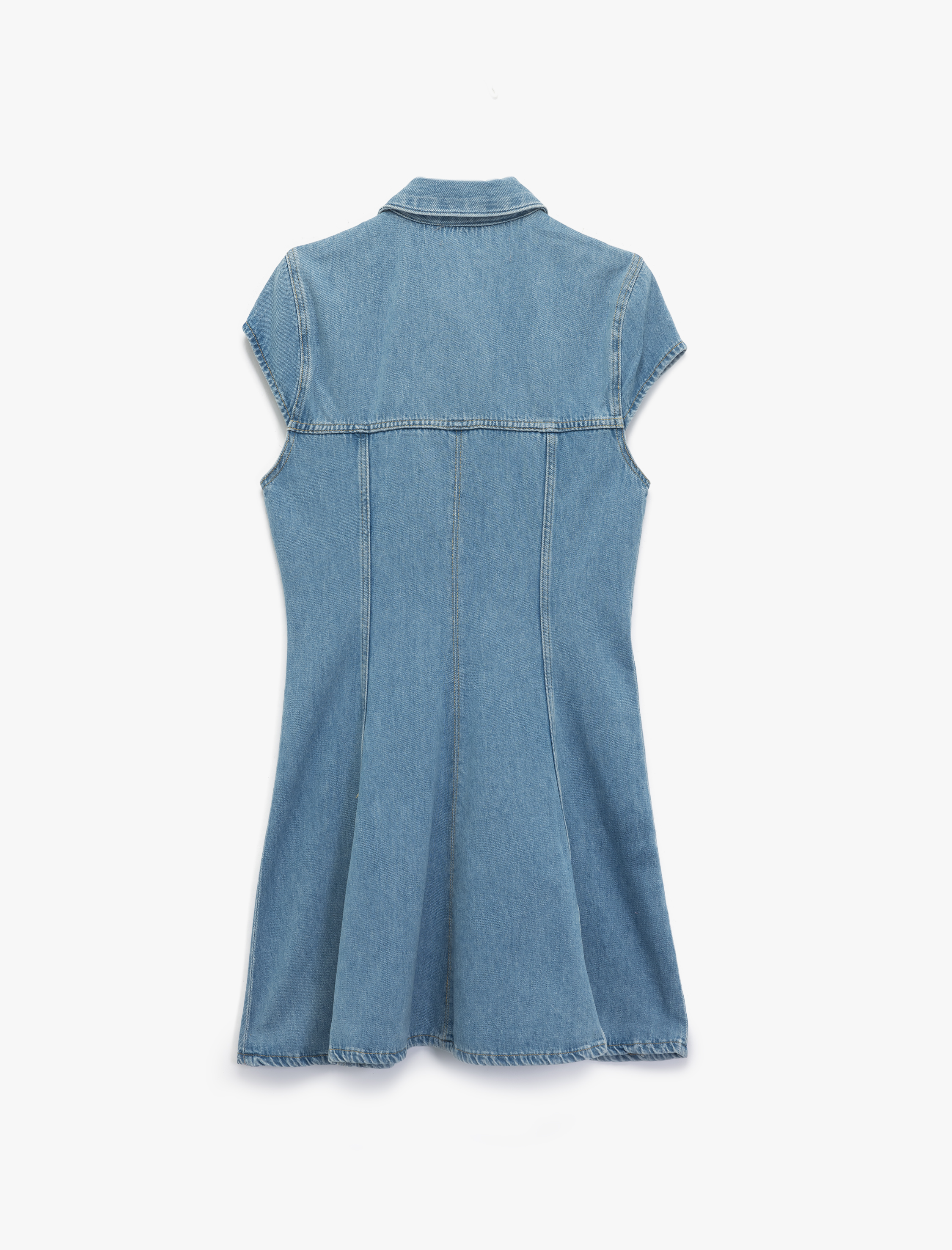   Kısa Kollu Düğmeli Gömlek Yaka Mini Denim Elbise