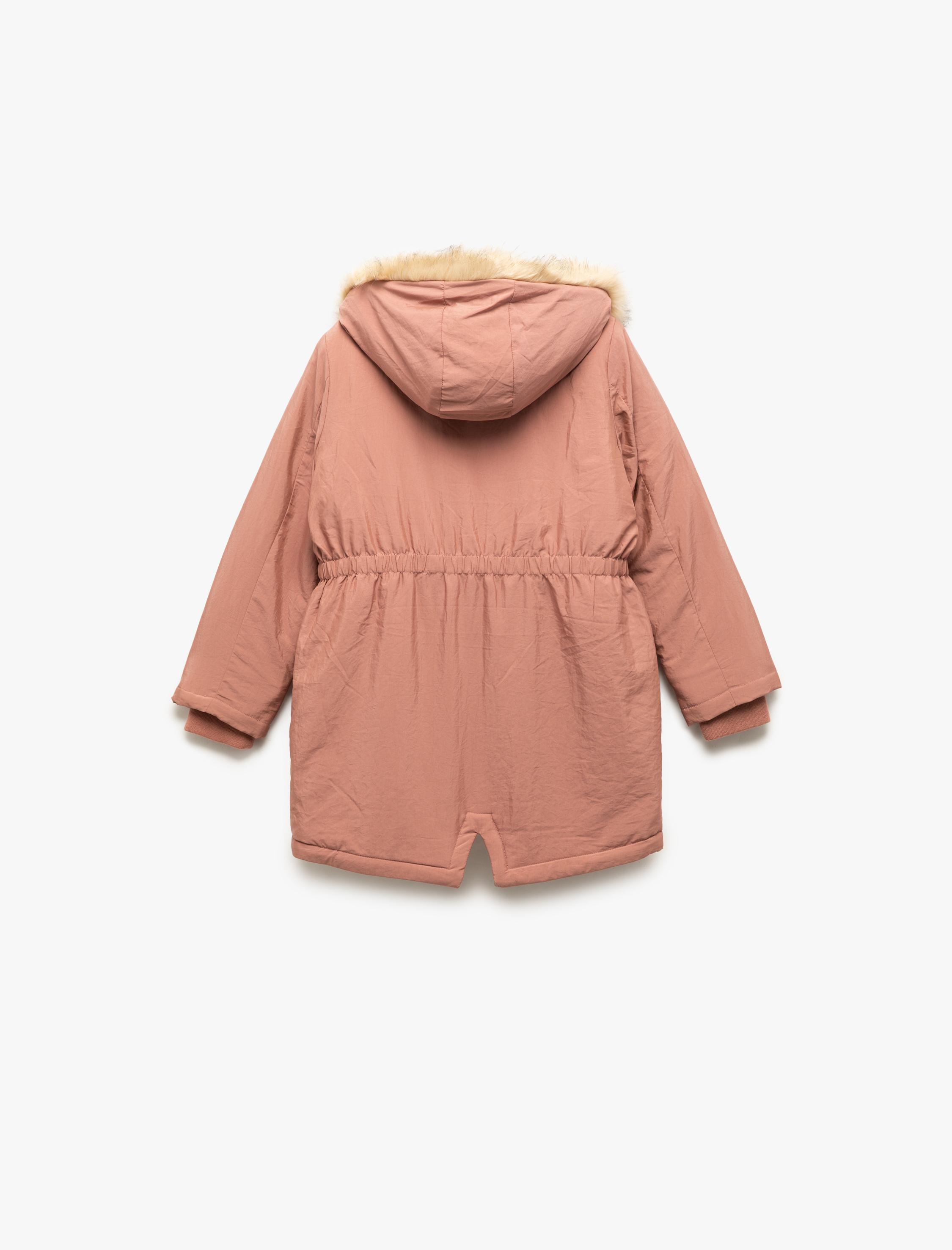 Kız Çocuk Peluş Detaylı Uzun Kollu Cepli Kapşonlu Mont