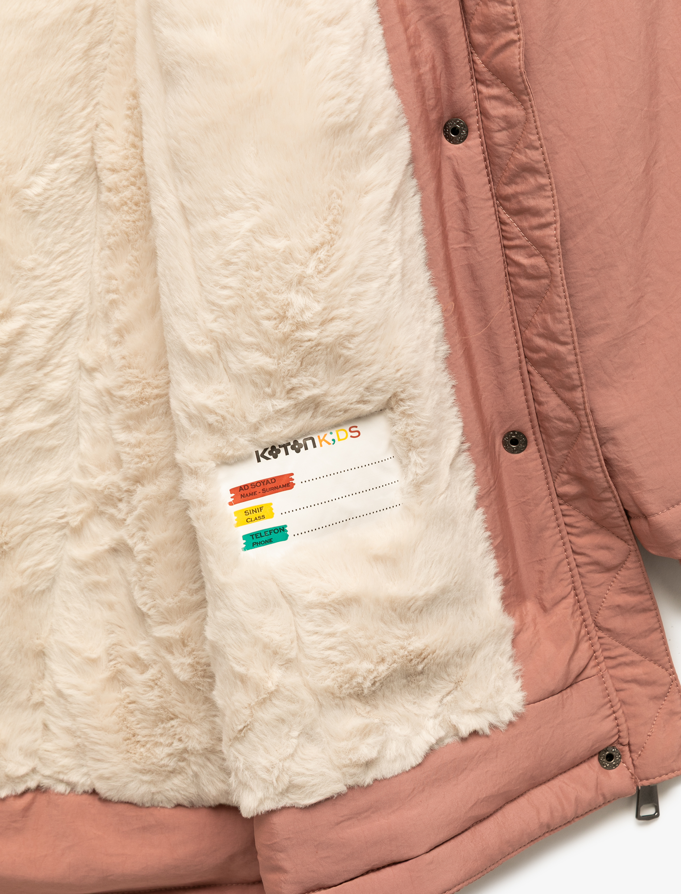 Kız Çocuk Peluş Detaylı Uzun Kollu Cepli Kapşonlu Mont