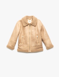 Uzun Kollu Peluş Astarlı Gömlek Yaka Ceket