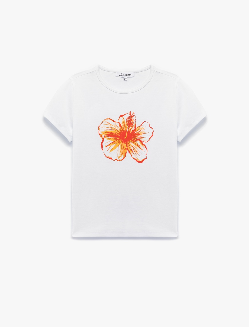   Slim Fit Kısa Kollu Bisiklet Yaka Pamuklu Hibiskus Baskılı Tişört