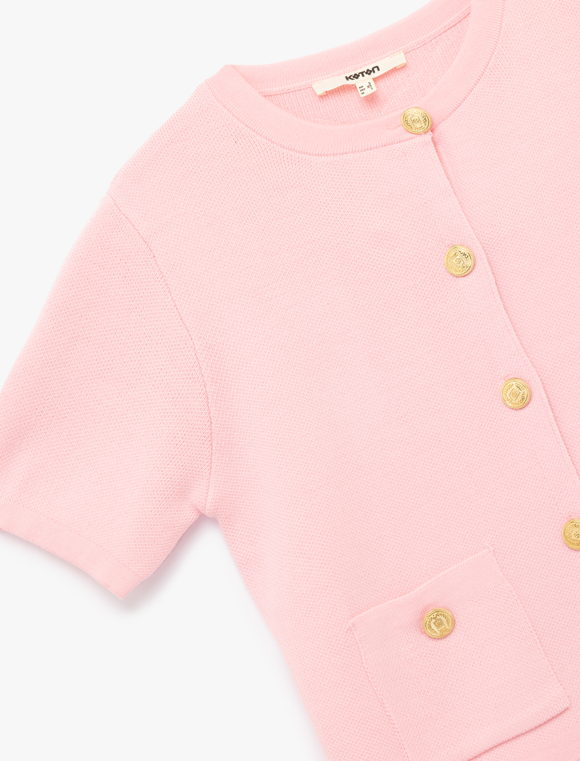   Düğmeli Kısa Kollu Bisiklet Yaka Cep Detaylı Triko Hırka