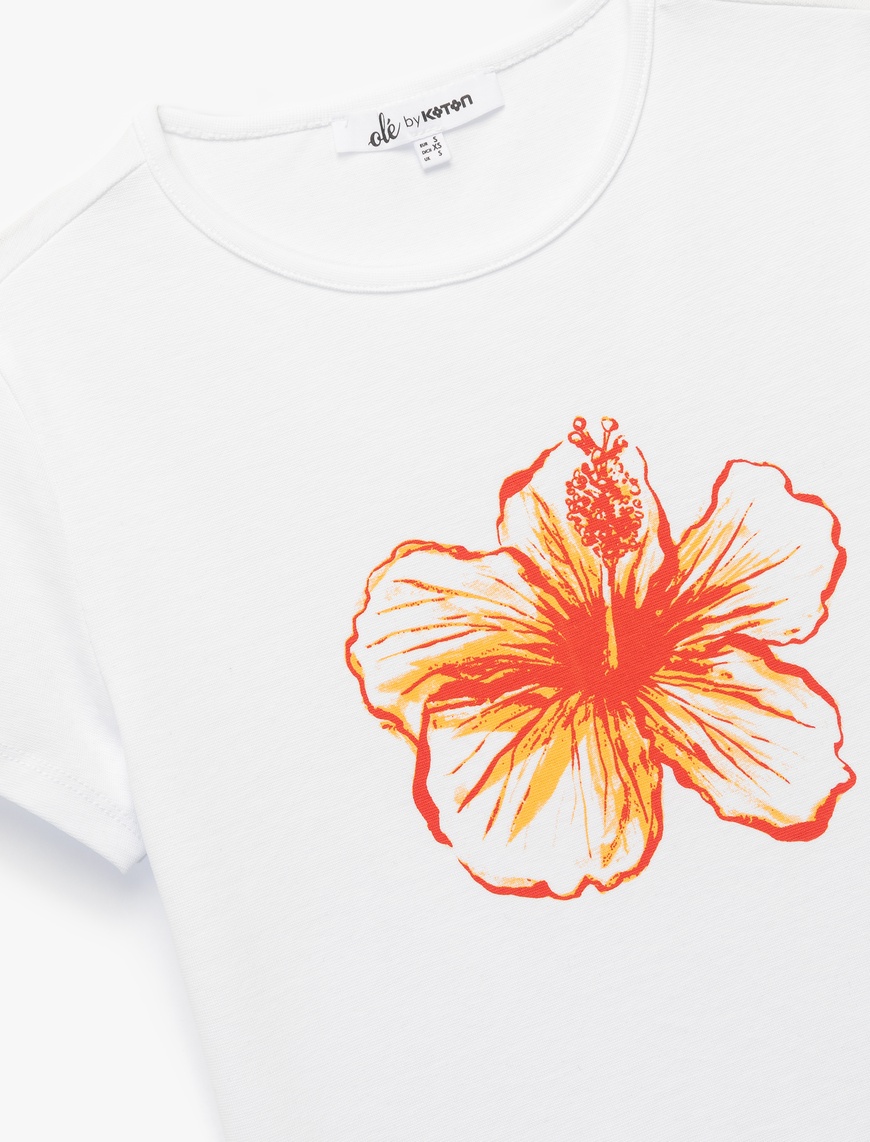   Slim Fit Kısa Kollu Bisiklet Yaka Pamuklu Hibiskus Baskılı Tişört