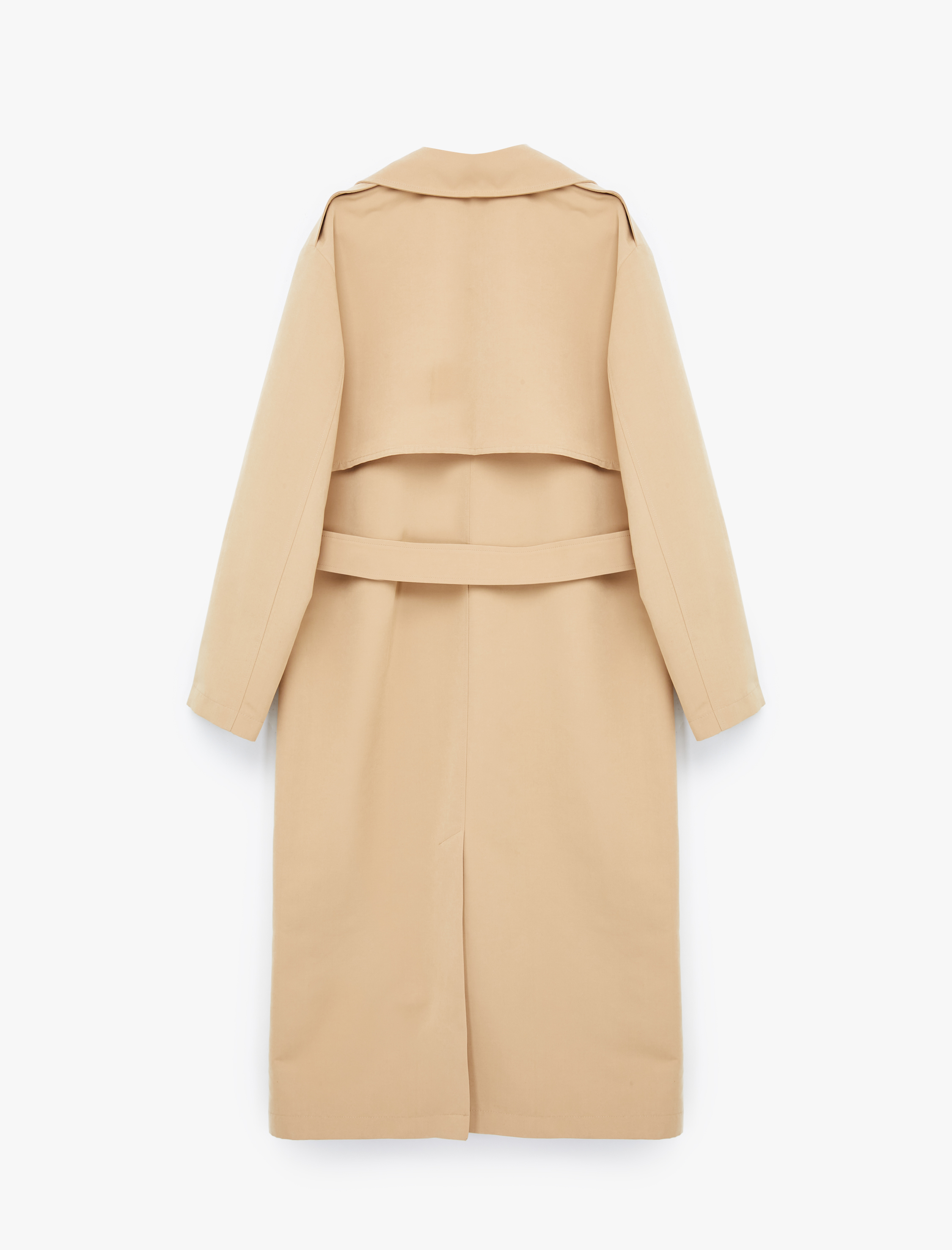   Uzun Kollu Cep Detaylı Kruvaze Yaka Oversize Kemerli Uzun Trençkot