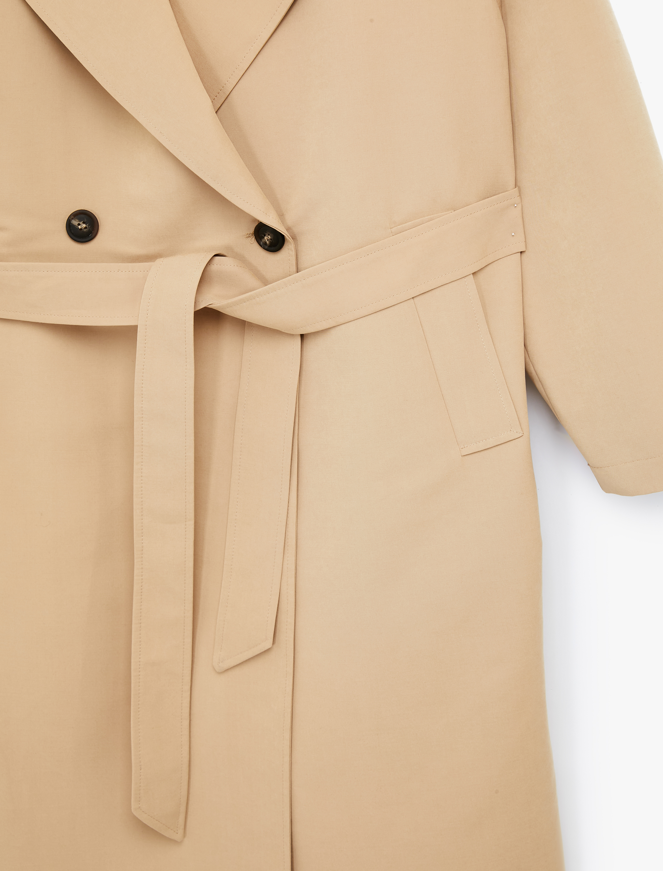   Uzun Kollu Cep Detaylı Kruvaze Yaka Oversize Kemerli Uzun Trençkot