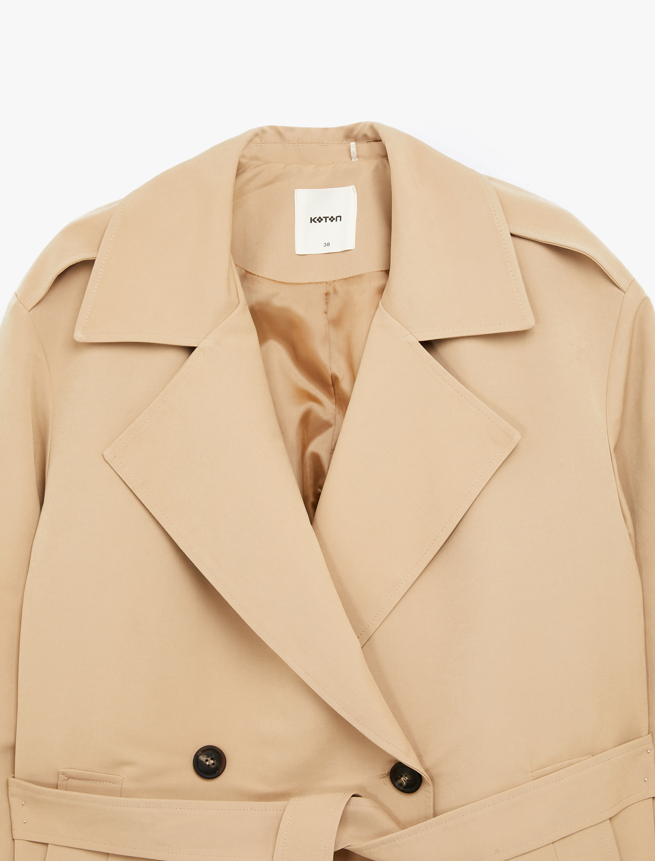   Uzun Kollu Cep Detaylı Kruvaze Yaka Oversize Kemerli Uzun Trençkot