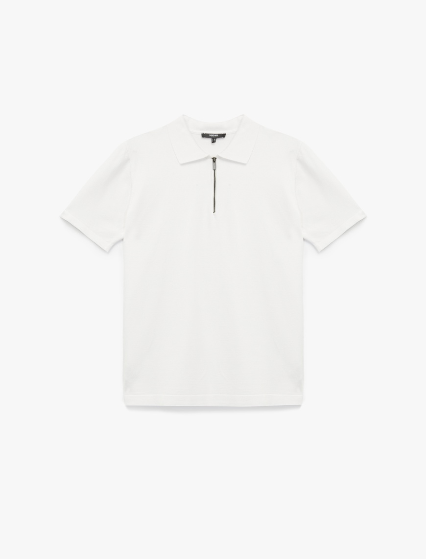   Viskon Regular Fit Polo Yaka Yarım Fermuarlı Kısa Kollu Triko Tişört