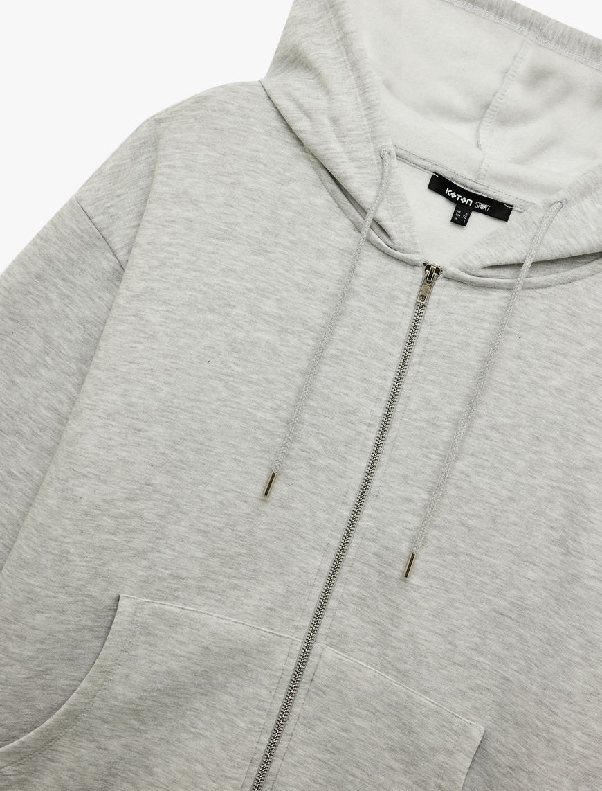   Fermuarlı Kapüşonlu Kanguru Cepli Uzun Kollu Şardonlu Oversize Spor Sweatshirt