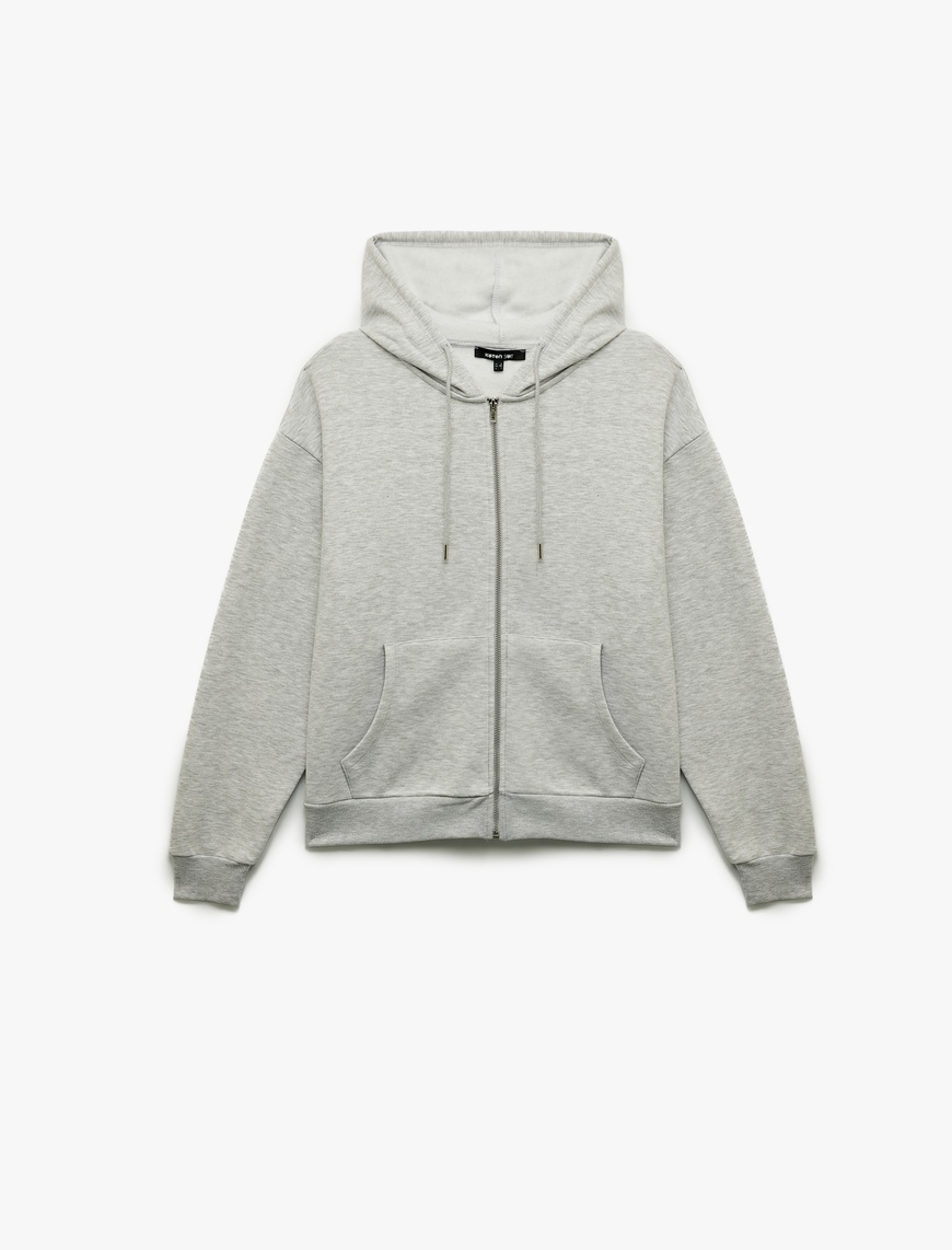   Fermuarlı Kapüşonlu Kanguru Cepli Uzun Kollu Şardonlu Oversize Spor Sweatshirt