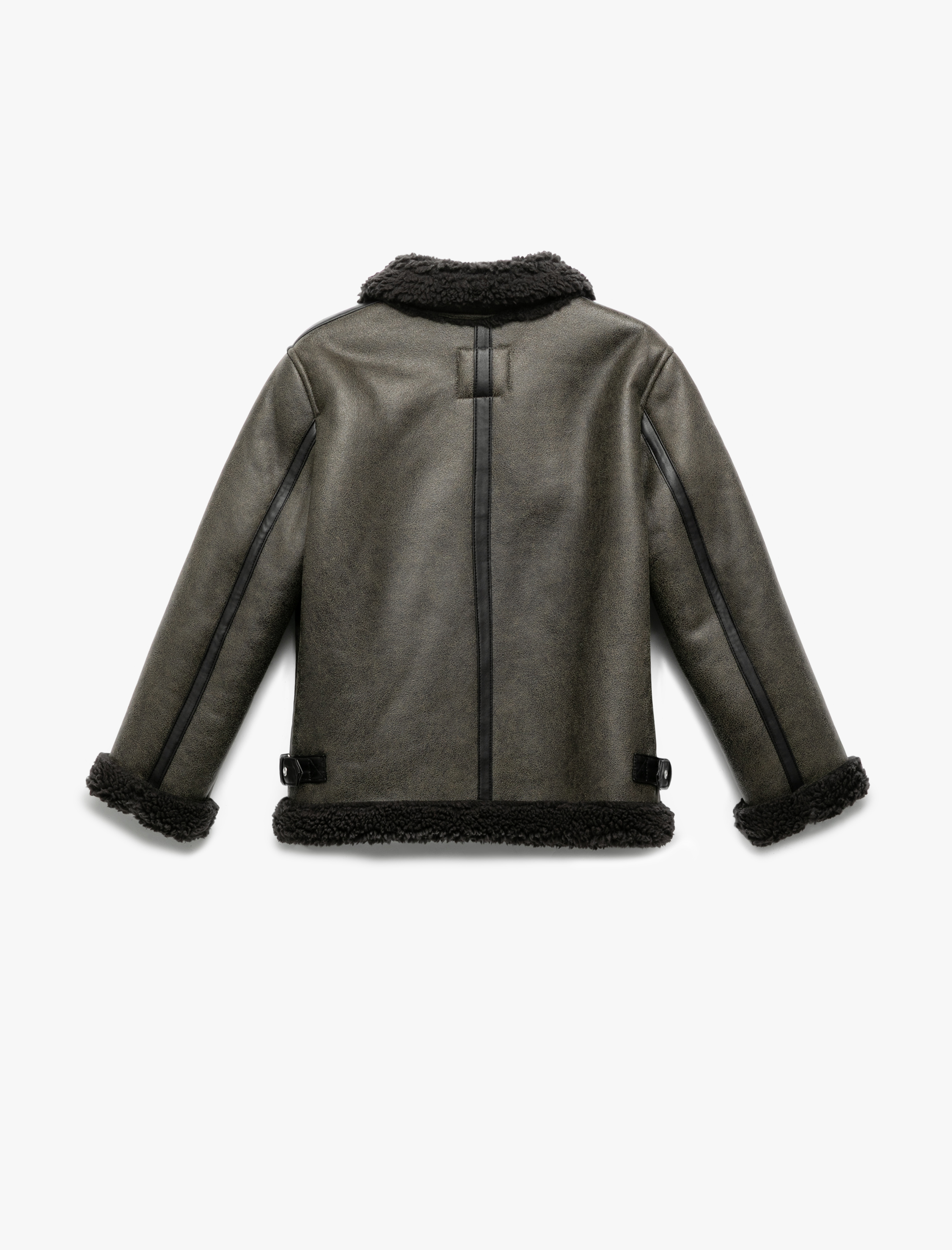  Kız Çocuk Peluş Detaylı Gömlek Yaka Uzun Kollu Oversize Biker Ceket