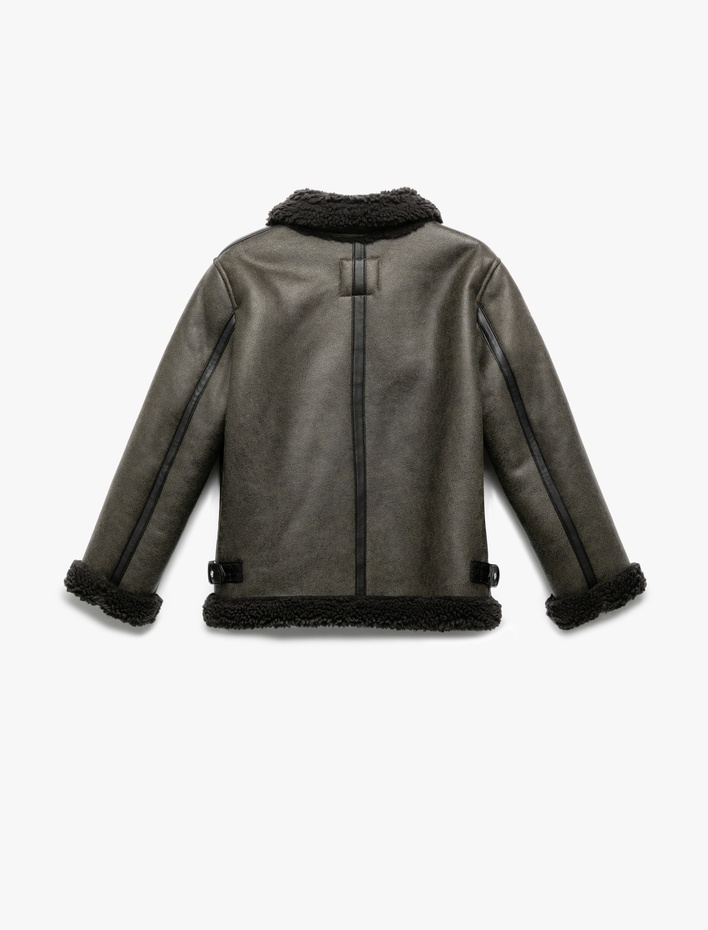 Kız Çocuk Peluş Detaylı Gömlek Yaka Uzun Kollu Oversize Biker Ceket