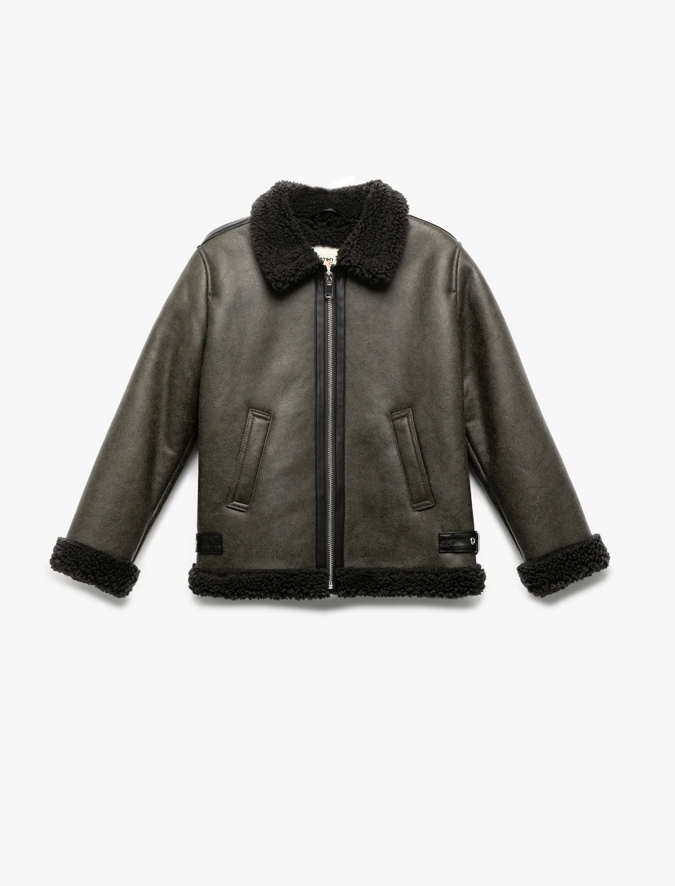  Kız Çocuk Peluş Detaylı Gömlek Yaka Uzun Kollu Oversize Biker Ceket