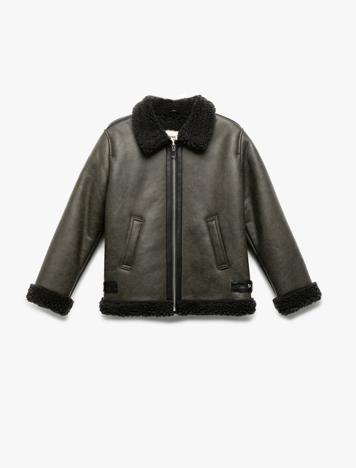 Kız Çocuk Peluş Detaylı Gömlek Yaka Uzun Kollu Oversize Biker Ceket