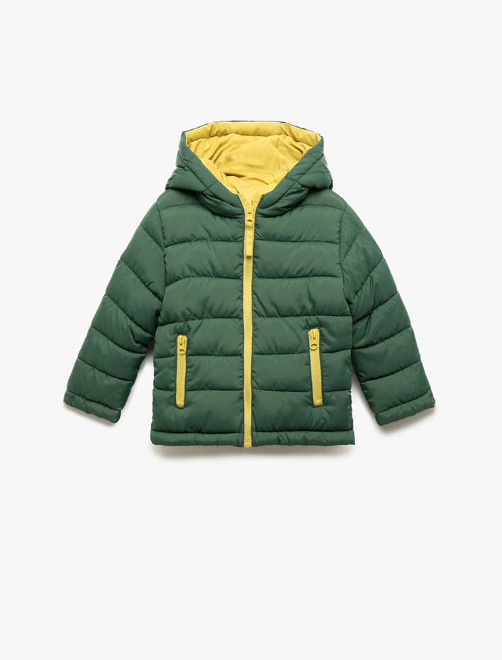 Erkek Bebek Çift Taraflı Uzun Kollu Kapşonlu Şİşme Mont