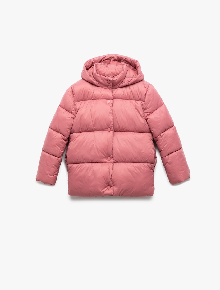 Kız Çocuk Uzun Kollu Çıtçıt Kapamalı Kapşonlu Şişme Mont