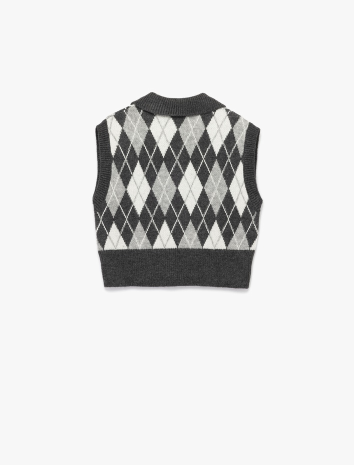  Kolsuz Baklava Desenli Jakarlı Polo Yaka Triko Süveter