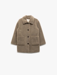 Uzun Kollu Cep Detaylı Düğmeli Gömlek Yaka Polar Kaban