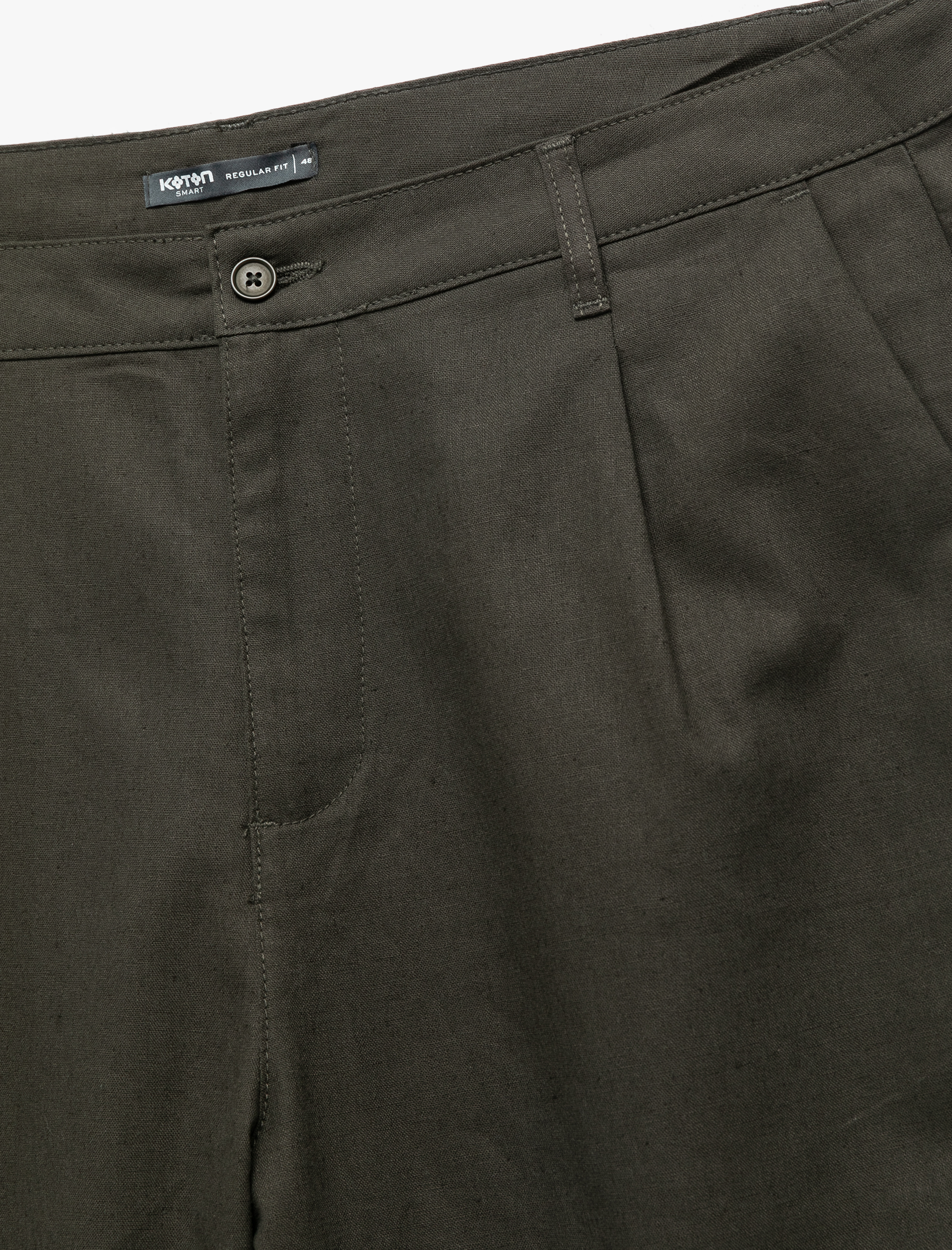 Cep Detaylı Düğmeli Pamuk Keten Karışımlı Pileli Kumaş Pantolon