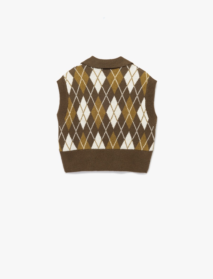  Kolsuz Baklava Desenli Jakarlı Polo Yaka Triko Süveter