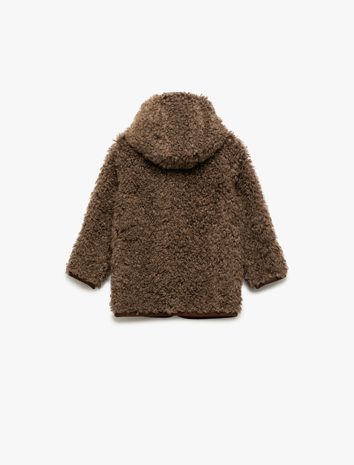 Kız Bebek Uzun Kollu Cep Detaylı Kapşonlu Peluş Mont