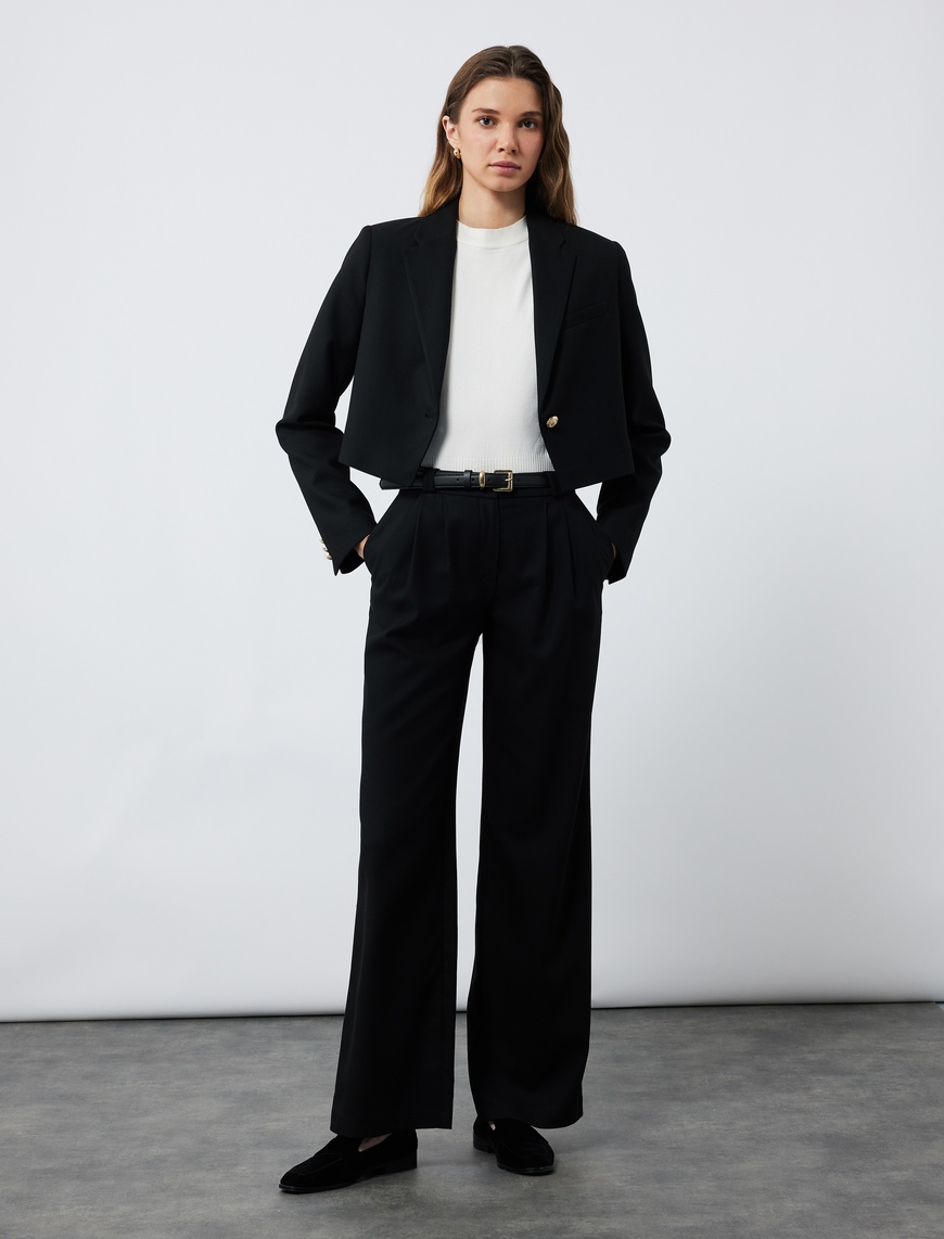   Kruvaze Uzun Kollu Crop Blazer Ceket