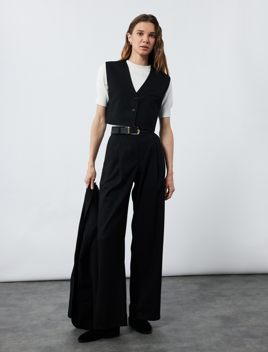   Düğmeli V Yaka Kolsuz Crop Blazer Yelek
